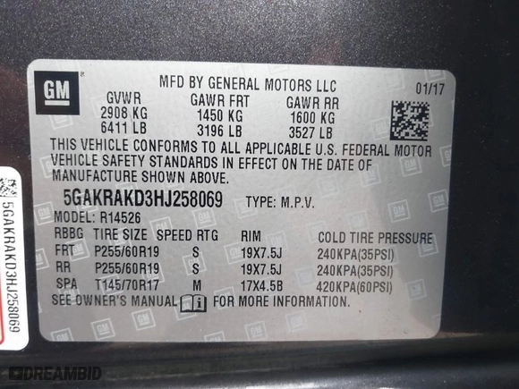 2017 Buick Enclave Convenience with VIN 5GAKRAKD3HJ258069, listed as a IAAI auction lot 41673080 with 74983 miles. Bid and sale history available at carsss.com. Image 9.