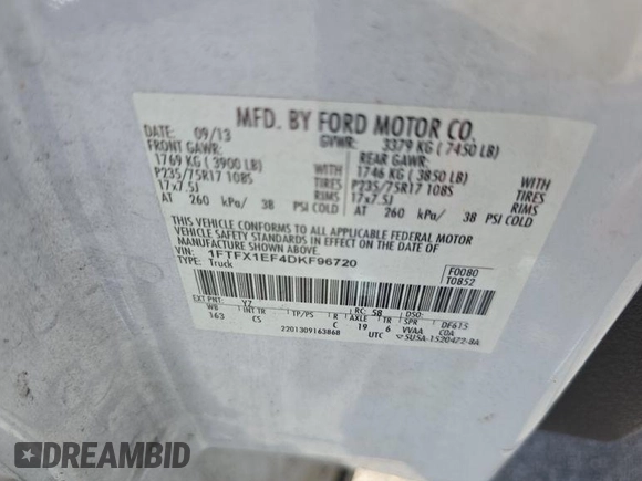 2013 Ford F-150 XL with VIN 1FTFX1EF4DKF96720, listed as a IAAI auction lot 42905938 with 206,467 mi miles and . Bid and sale history available at DreamBid. Image 11.