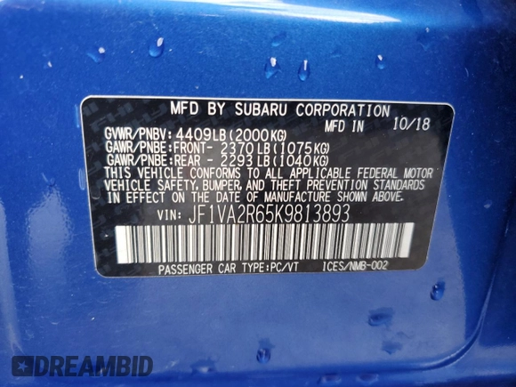2019 Subaru WRX STI with VIN JF1VA2R65K9813893, listed as a Copart auction lot 79943064 with 60,172 mi miles and Clean Title. Bid and sale history available at carsss.com. Image 12.