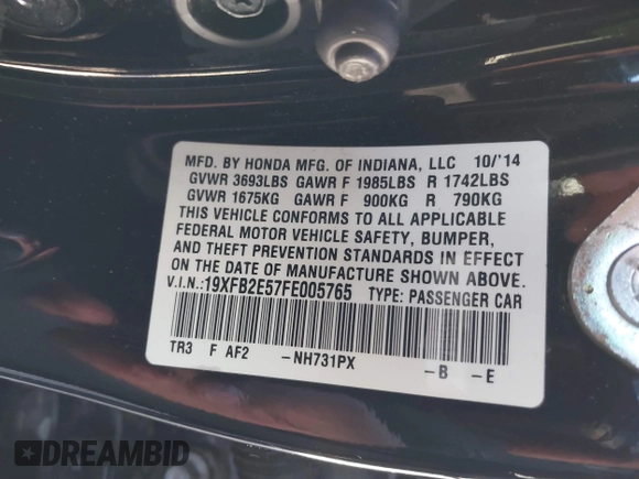 2015 Honda Civic Sedan LX with VIN 19XFB2E57FE005765, listed as a IAAI auction lot 41642913 with 187,909 mi miles. Bid and sale history available at carsss.com. Image 9.