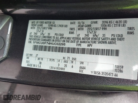 2017 Ford Escape S with VIN 1FMCU0F74HUC02295, listed as a IAAI auction lot 42365994 with 89,163 mi miles and . Bid and sale history available at DreamBid. Image 9.