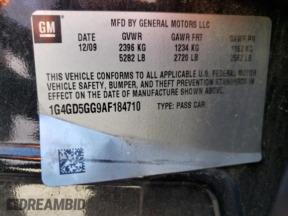 2010 Buick LaCrosse with VIN 1G4GD5GG9AF184710, listed as a Copart auction lot 80743114 with 130,192 mi miles and Salvage title. Bid and sale history available at DreamBid. Image 12.