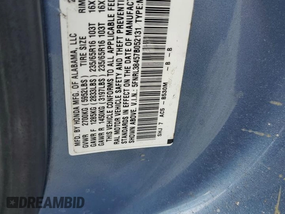 2007 Honda Odyssey EX with VIN 5FNRL38457B052131, listed as a Copart auction lot 55226575 with 165,745 mi miles and Salvage Title. Bid and sale history available at DreamBid. Image 13.
