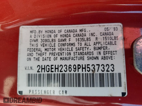 1993 Honda Civic с VIN 2HGEH2369PH537323, выставлен на аукционе Copart как лот 54185625 с пробегом 186 071 миль миль и Списание • Salvage title. История ставок и продаж доступна на DreamBid. Изображение 12.