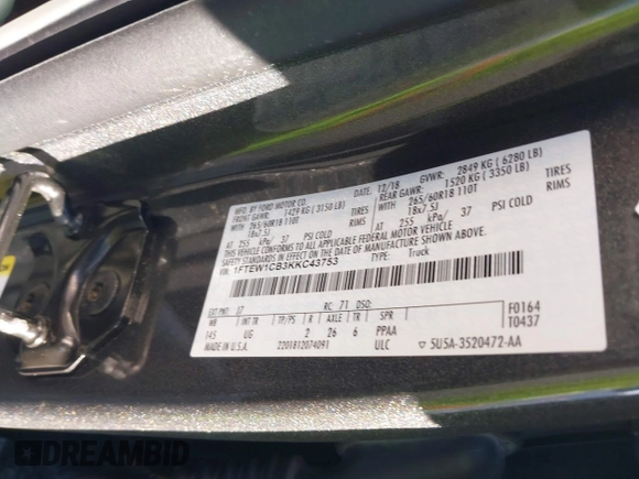 2019 Ford F-150 XL with VIN 1FTEW1CB3KKC43753, listed as a IAAI auction lot 41036512 with 108,257 mi miles and . Bid and sale history available at carsss.com. Image 9.