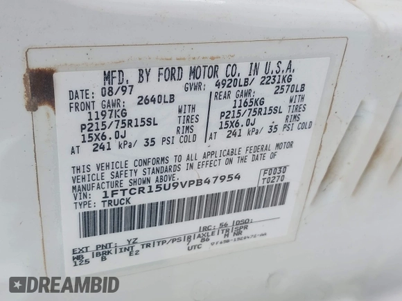 1997 Ford Ranger XL with VIN 1FTCR15U9VPB47954, listed as a IAAI auction lot 42438818 with 348,802 mi miles and . Bid and sale history available at DreamBid. Image 9.