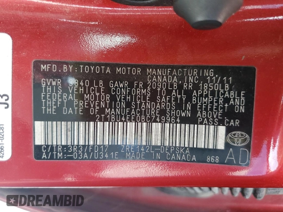 2011 Toyota Corolla L with VIN 2T1BU4EE0BC749964, listed as a Copart auction lot 54199025 with 212,985 mi miles and Clean Title. Bid and sale history available at carsss.com. Image 13.