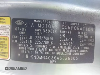 2010 Kia Sedona LX with VIN KNDMG4C36A6326605, listed as a IAAI auction lot 41902646 with 0 mi miles. Bid and sale history available at carsss.com. Image 9.