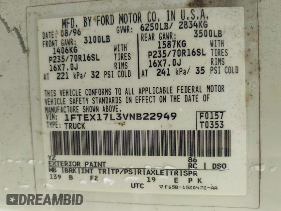 1997 Ford F-150 XL with VIN 1FTEX17L3VNB22949, listed as a IAAI auction lot 42377443 with 119,148 mi miles and . Bid and sale history available at DreamBid. Image 9.