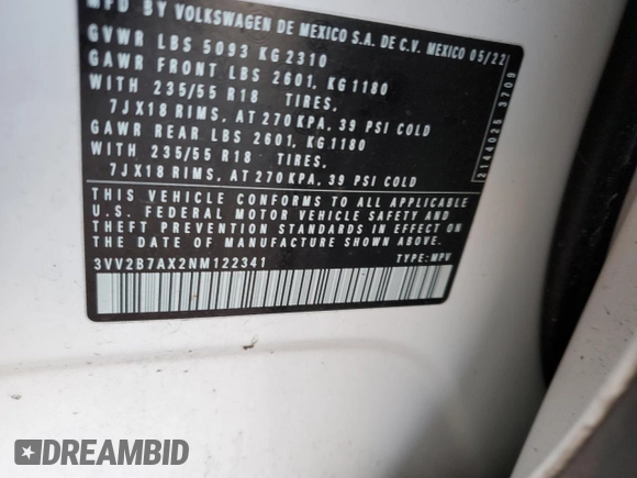 2022 Volkswagen Tiguan SE with VIN 3VV2B7AX2NM122341, listed as a Copart auction lot 86706564 with 27,709 mi miles and Salvage title. Bid and sale history available at DreamBid. Image 13.
