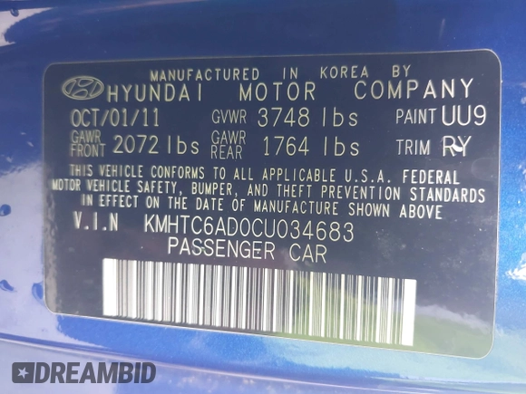 2012 Hyundai Veloster w/Gray Int z VIN KMHTC6AD0CU034683, wystawiony jako IAAI lot #42395112 z przebiegiem 134 388 mil mil oraz . Historia ofert i sprzedaży dostępna na DreamBid. Obrazek 9.
