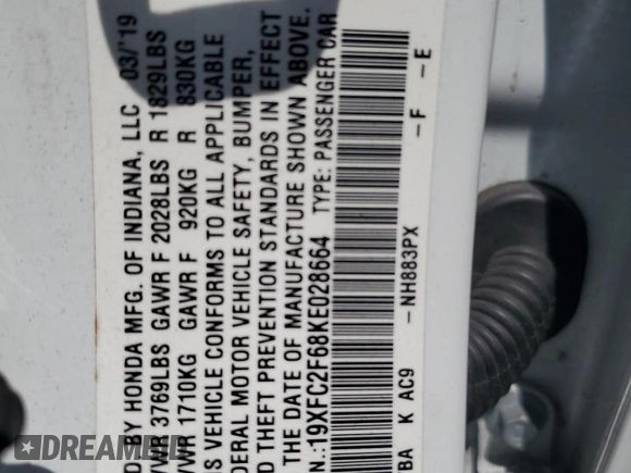2019 Honda Civic Sedan LX with VIN 19XFC2F68KE028664, listed as a Copart auction lot 62253534 with 142,812 mi miles and Salvage Title. Bid and sale history available at carsss.com. Image 12.