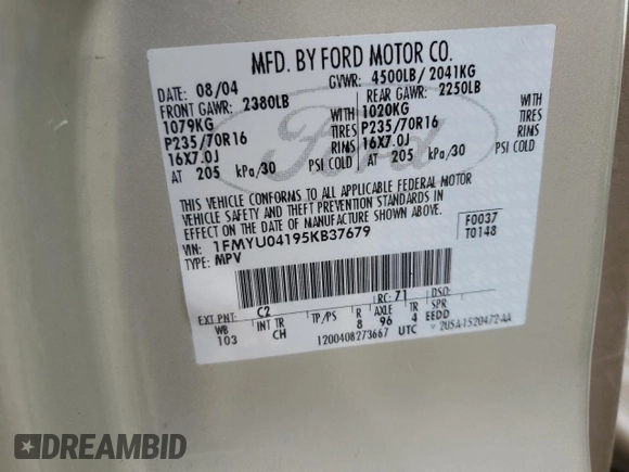 2005 Ford Escape Limited z VIN 1FMYU04195KB37679, wystawiony jako Copart lot #50656585 z przebiegiem 218 891 mil mil oraz Szkoda całkowita • Salvage title. Historia ofert i sprzedaży dostępna na DreamBid. Obrazek 15.