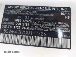 2016 Mercedes-Benz C 300 with VIN 55SWF4JB9GU112726, listed as a IAAI auction lot 41975091 with 110,343 mi miles and . Bid and sale history available at carsss.com. Image 9.