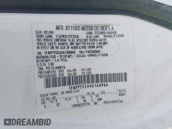 2004 Ford Taurus SES with VIN 1FAFP55244G168966, listed as a IAAI auction lot 41376034 with 183,969 mi miles and . Bid and sale history available at DreamBid. Image 9.