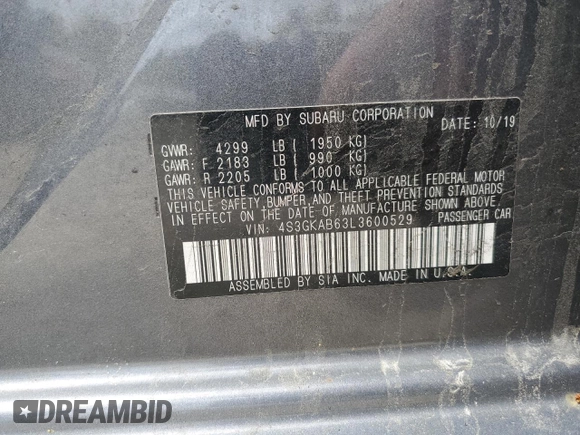 2020 Subaru Impreza z VIN 4S3GKAB63L3600529, wystawiony jako Copart lot #57109625 z przebiegiem 101 752 mil mil oraz Szkoda całkowita • Salvage title. Historia ofert i sprzedaży dostępna na DreamBid. Obrazek 12.