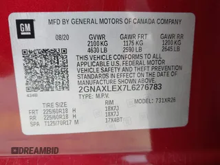 2020 Chevrolet Equinox LT with VIN 2GNAXLEX7L6276783, listed as a IAAI auction lot 41761946 with 50,673 mi miles. Bid and sale history available at carsss.com. Image 9.