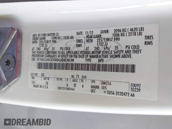 2013 Ford Escape SE with VIN 1FMCU0GX9DUB83638, listed as a IAAI auction lot 42471869 with 213,356 mi miles and . Bid and sale history available at DreamBid. Image 9.
