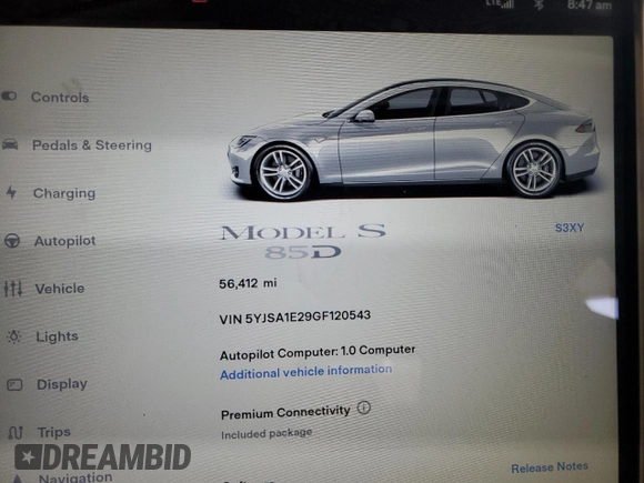 2016 Tesla Model S 90D with VIN 5YJSA1E29GF120543, listed as a Copart auction lot 56574425 with 56,412 mi miles and Salvage title. Bid and sale history available at DreamBid. Image 9.