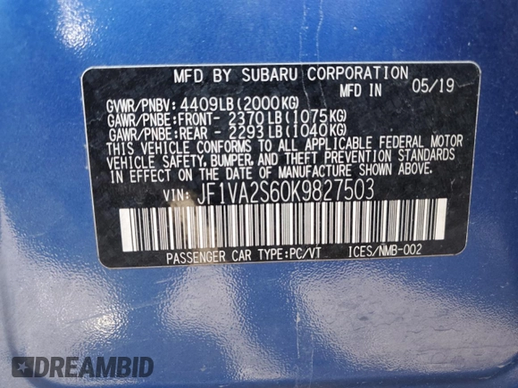 2019 Subaru WRX STI with VIN JF1VA2S60K9827503, listed as a Copart auction lot 49886045 with 59,352 mi miles and Salvage title. Bid and sale history available at DreamBid. Image 12.
