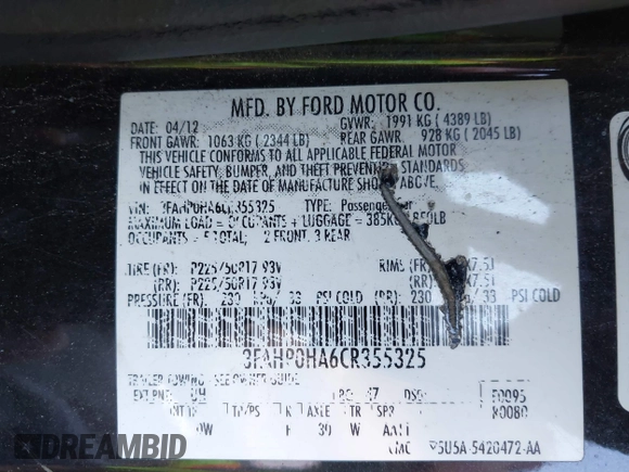 2012 Ford Fusion SE with VIN 3FAHP0HA6CR355325, listed as a IAAI auction lot 41976492 with 172,255 mi miles and . Bid and sale history available at DreamBid. Image 9.