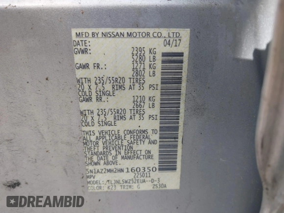 2017 Nissan Murano SL with VIN 5N1AZ2MH2HN160350, listed as a IAAI auction lot 41814946 with Not Provided miles and . Bid and sale history available at carsss.com. Image 9.