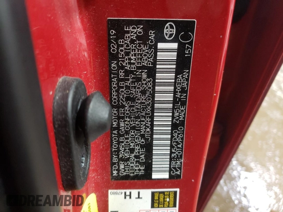 2019 Toyota Prius L Eco z VIN JTDKARFUXK3075083, wystawiony jako Copart lot #43968505 z przebiegiem 72 396 mil mil oraz Szkoda całkowita • Salvage title. Historia ofert i sprzedaży dostępna na DreamBid. Obrazek 12.