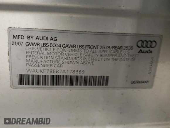 2007 Audi A4 2.0T with VIN WAUKF78E87A178689, listed as a Copart auction lot 88224695 with 244,045 mi miles and Clean Title. Bid and sale history available at carsss.com. Image 12.