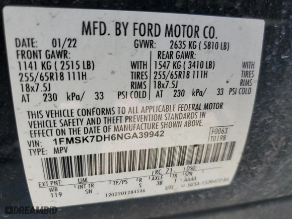 2022 Ford Explorer XLT with VIN 1FMSK7DH6NGA39942, listed as a Copart auction lot 49210245 with 55,943 mi miles and Salvage Title. Bid and sale history available at carsss.com. Image 13.