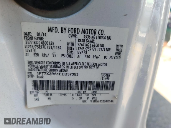 2014 Ford F-250 XL with VIN 1FT7X2B61EEB37353, listed as a IAAI auction lot 42587665 with 123,533 mi miles and . Bid and sale history available at DreamBid. Image 3.