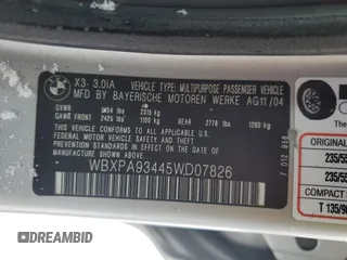 2005 BMW X3 3.0i with VIN WBXPA93445WD07826, listed as a Copart auction lot 88042075 with 0 mi miles and Salvage Title. Bid and sale history available at carsss.com. Image 13.