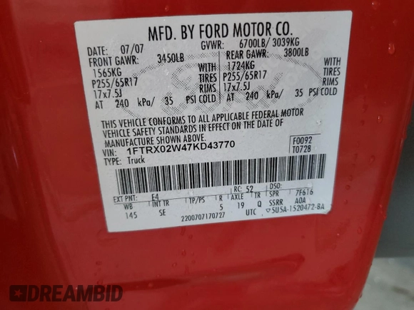 2007 Ford F-150 STX with VIN 1FTRX02W47KD43770, listed as a Copart auction lot 53056955 with 224,526 mi miles and Salvage Title. Bid and sale history available at carsss.com. Image 12.