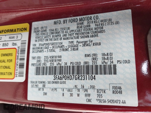 2016 Ford Fusion SE with VIN 3FA6P0HD7GR231104, listed as a IAAI auction lot 41673127 with 141,075 mi miles. Bid and sale history available at carsss.com. Image 9.