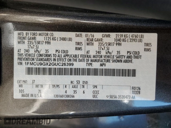 2016 Ford Escape SE с VIN 1FMCU9GX2GUC26399, выставлен на аукционе Copart как лот 56410225 с пробегом 93 716 миль миль и Списание • Salvage title. История ставок и продаж доступна на DreamBid. Изображение 13.