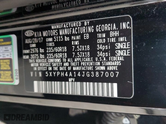 2018 Kia Sorento EX with VIN 5XYPH4A14JG387007, listed as a Copart auction lot 50230915 with 113,433 mi miles and Salvage title. Bid and sale history available at DreamBid. Image 14.