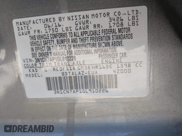2016 Nissan Versa S z VIN 3N1CN7AP1GL910226, wystawiony jako IAAI lot #42544603 z przebiegiem 128 501 mil mil oraz . Historia ofert i sprzedaży dostępna na DreamBid. Obrazek 9.