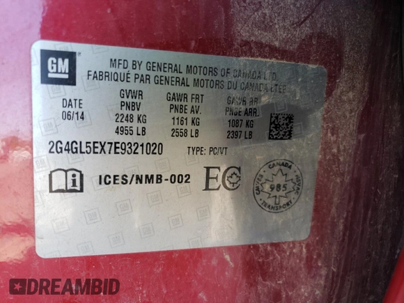 2014 Buick Regal z VIN 2G4GL5EX7E9321020, wystawiony jako Copart lot #52557425 z przebiegiem 124 572 mil mil oraz Szkoda całkowita • Salvage title. Historia ofert i sprzedaży dostępna na DreamBid. Obrazek 12.