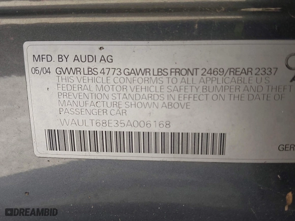 2005 Audi A4 3.0L with VIN WAULT68E35A006168, listed as a IAAI auction lot 41843262 with 125,218 mi miles. Bid and sale history available at carsss.com. Image 9.