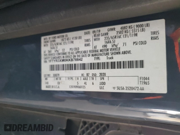 2019 Ford Transit with VIN 1FTYR3XM0KKB78842, listed as a Copart auction lot 83498454 with 62,157 mi miles and Salvage title. Bid and sale history available at DreamBid. Image 13.
