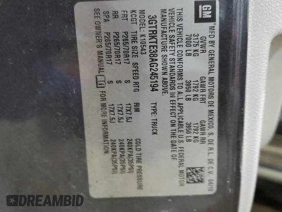 2010 GMC Sierra 1500 with VIN 3GTRKTE38AG245194, listed as a Copart auction lot 48801865 with 106,903 mi miles and Salvage Title. Bid and sale history available at DreamBid. Image 12.