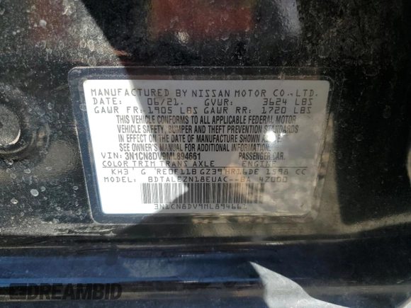 2021 Nissan Versa S with VIN 3N1CN8DV9ML894661, listed as a Copart auction lot 72752084 with 35,617 mi miles and Salvage Title. Bid and sale history available at carsss.com. Image 12.