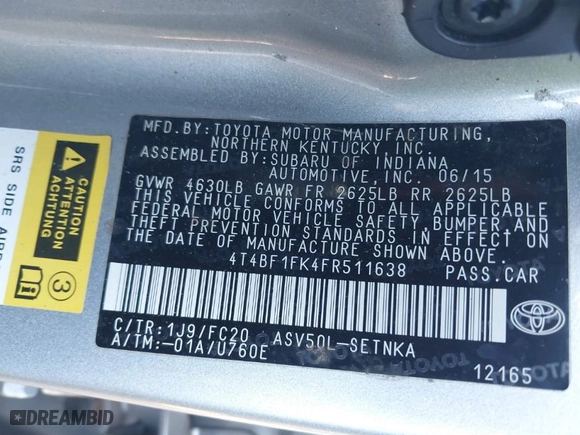 2015 Toyota Camry XLE with VIN 4T4BF1FK4FR511638, listed as a IAAI auction lot 41775682 with NaN miles. Bid and sale history available at carsss.com. Image 9.