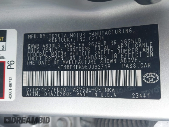 2014 Toyota Camry L with VIN 4T1BF1FK9EU392719, listed as a IAAI auction lot 41090249 with 168,064 mi miles. Bid and sale history available at carsss.com. Image 9.