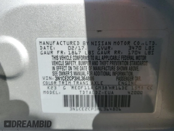 2017 Nissan Note S Plus with VIN 3N1CE2CP3HL364806, listed as a Copart auction lot 57310365 with 85,213 mi miles and Clean title. Bid and sale history available at DreamBid. Image 12.