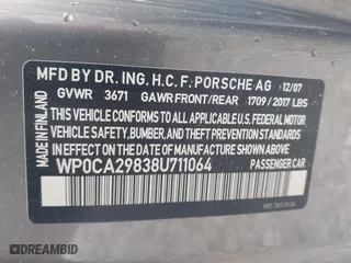2008 Porsche Boxster with VIN WP0CA29838U711064, listed as a IAAI auction lot 41855543 with 109,650 mi miles. Bid and sale history available at carsss.com. Image 9.