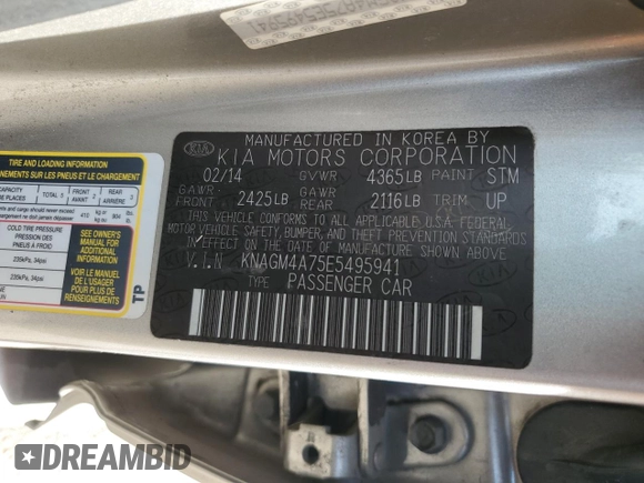 2014 Kia Optima LX with VIN KNAGM4A75E5495941, listed as a Copart auction lot 47105425 with 116,297 mi miles and Salvage title. Bid and sale history available at DreamBid. Image 12.