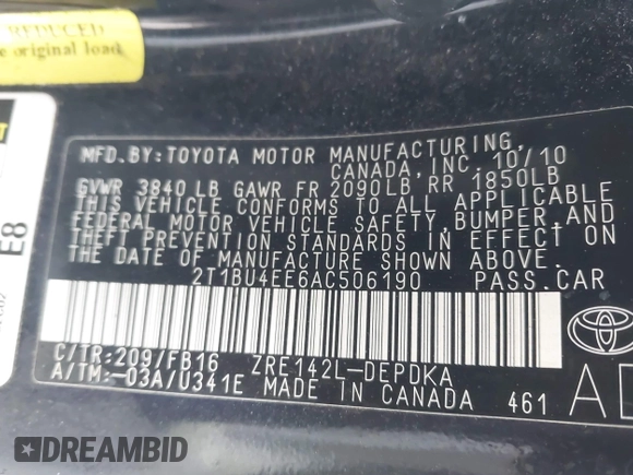 2010 Toyota Corolla with VIN 2T1BU4EE6AC506190, listed as a IAAI auction lot 41627131 with 160,994 mi miles. Bid and sale history available at carsss.com. Image 9.