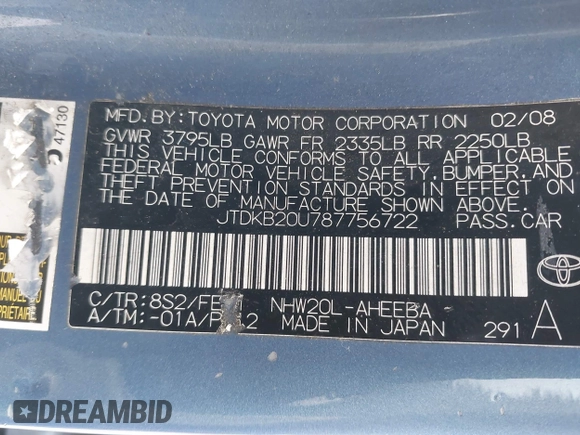 2008 Toyota Prius with VIN JTDKB20U787756722, listed as a IAAI auction lot 42133840 with 245,959 mi miles. Bid and sale history available at carsss.com. Image 9.