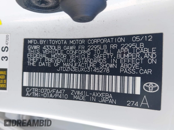 2012 Toyota Prius Two z VIN JTDZN3EUXC3145278, wystawiony jako IAAI lot #41525120 z przebiegiem 84 194 mil mil oraz . Historia ofert i sprzedaży dostępna na DreamBid. Obrazek 9.