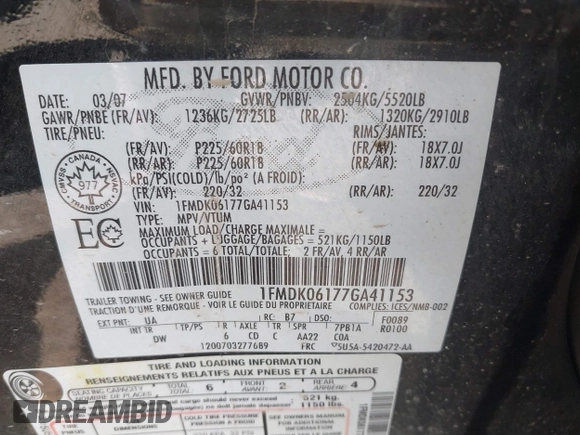 2007 Ford Freestyle Limited z VIN 1FMDK06177GA41153, wystawiony jako IAAI lot #41991968 z przebiegiem 216 652 mil mil oraz . Historia ofert i sprzedaży dostępna na DreamBid. Obrazek 9.